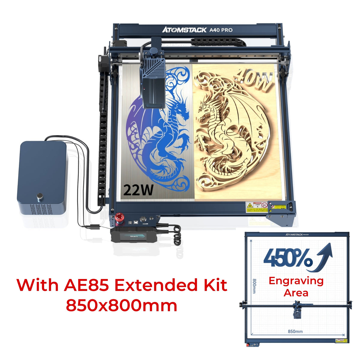 AtomStack A40 Pro Laser Machine with F60 Air Assist Kit and AE85 Extended Kit 850x800mm