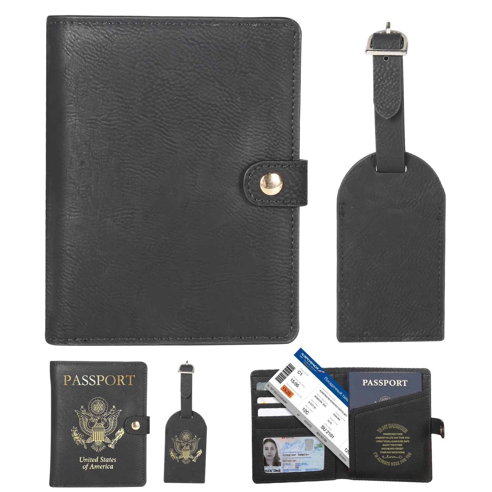 Personalized Leather Passport Holder and Luggage Tag Set