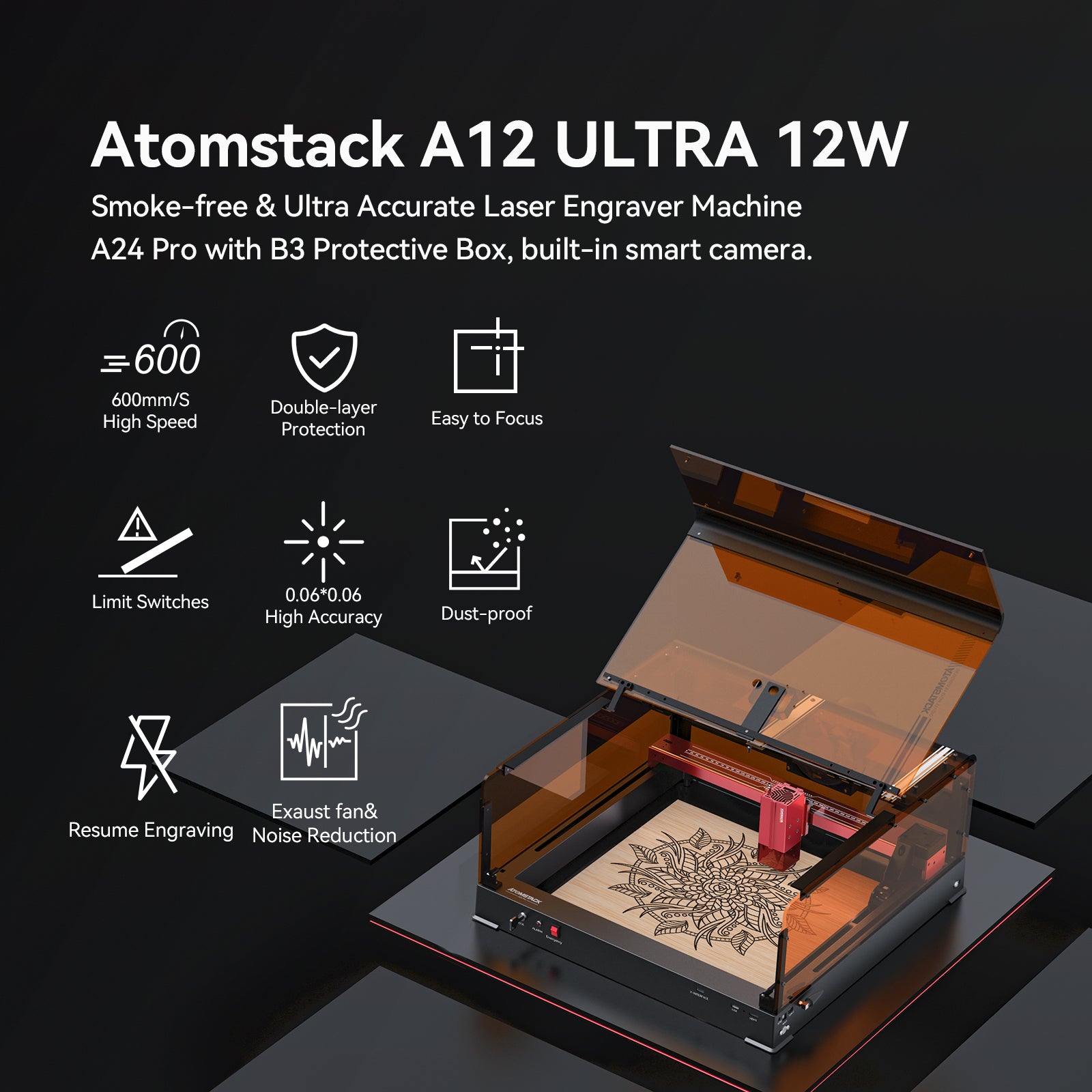 AtomStack A12 Pro Optical Power 12W Unibody-Rahmen-Lasergravierer 