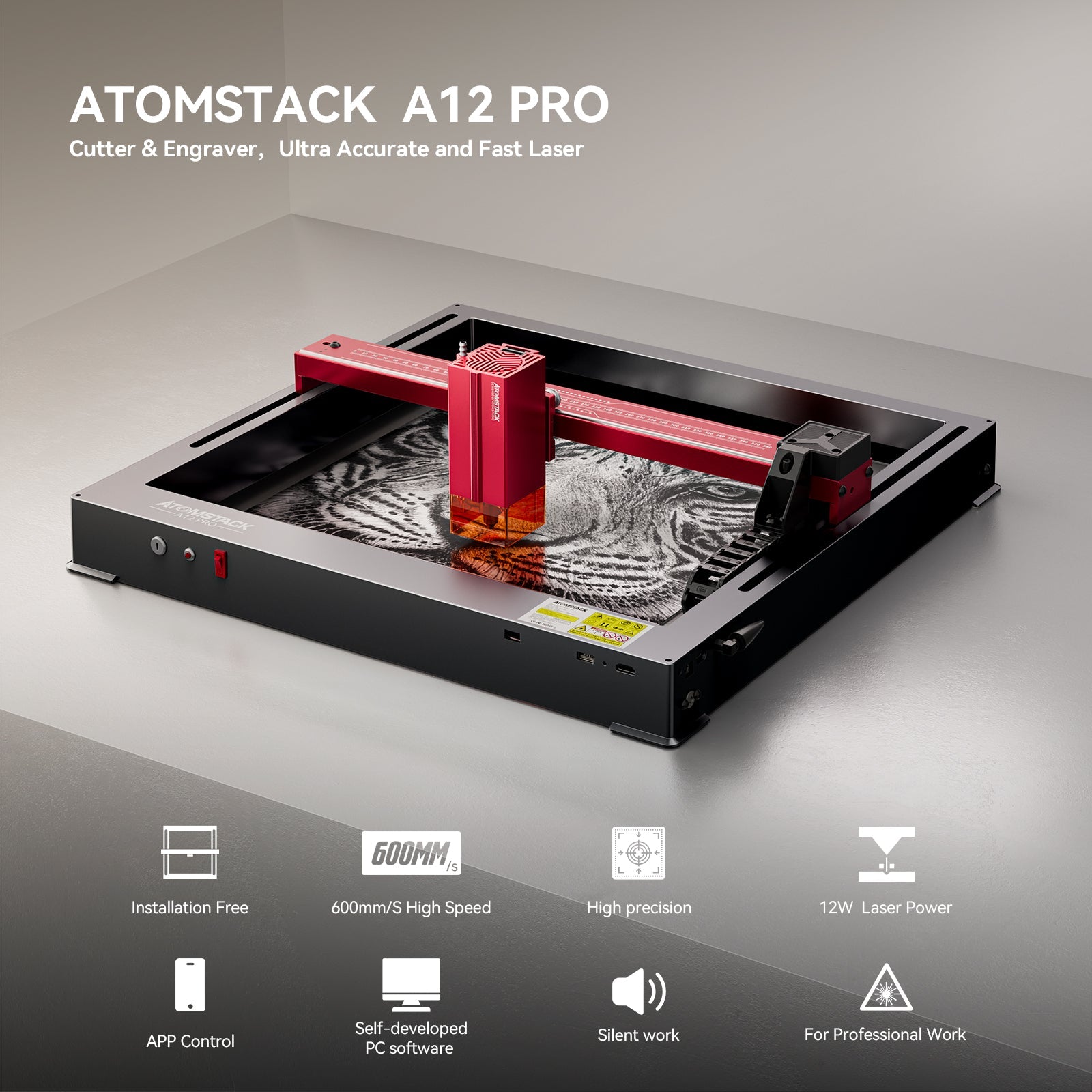 Grabador láser AtomStack A12 Pro con panal F4 y rodillo giratorio R2 V2