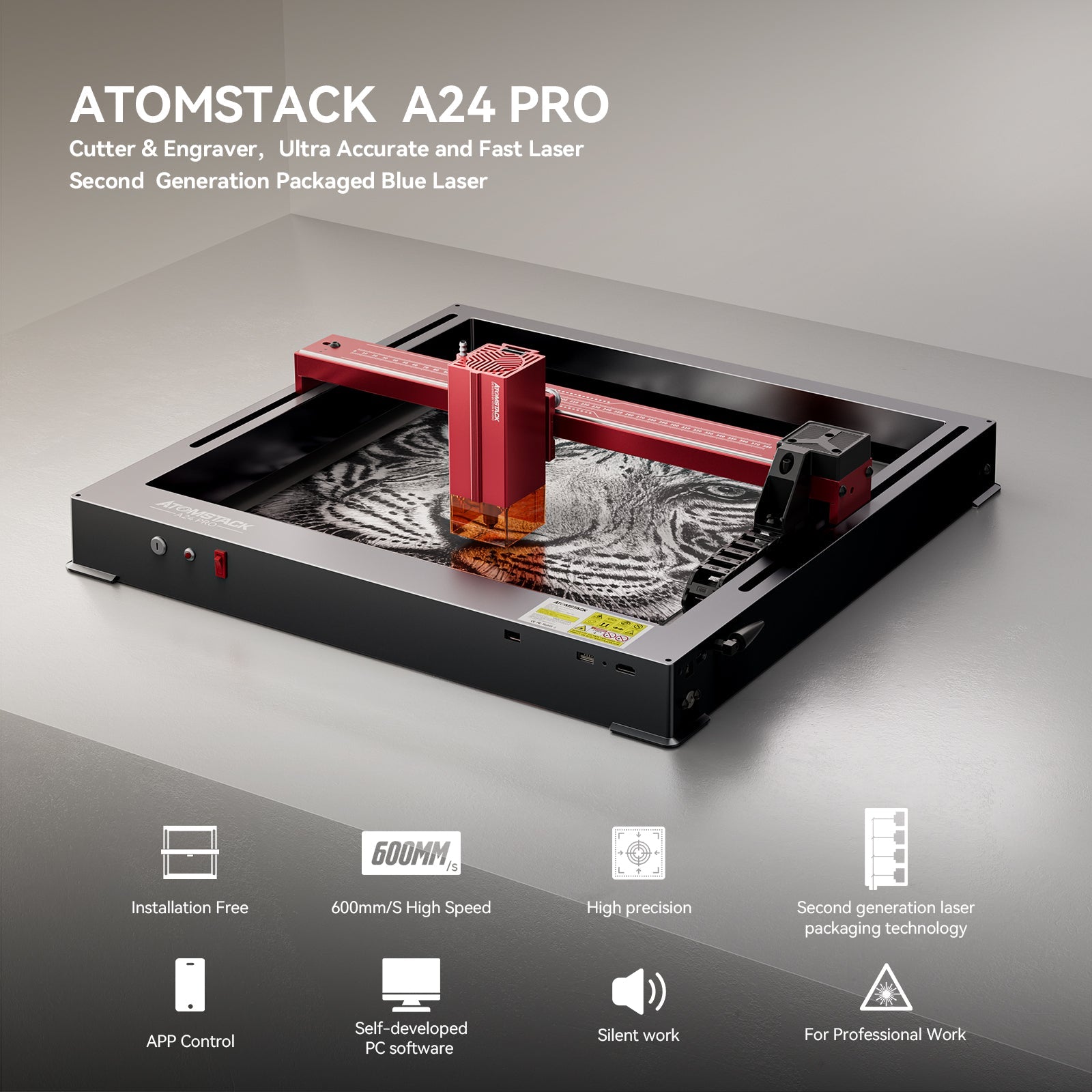 Grabador láser AtomStack A24 Pro con asistencia de aire F60 y panal F4 gratuito