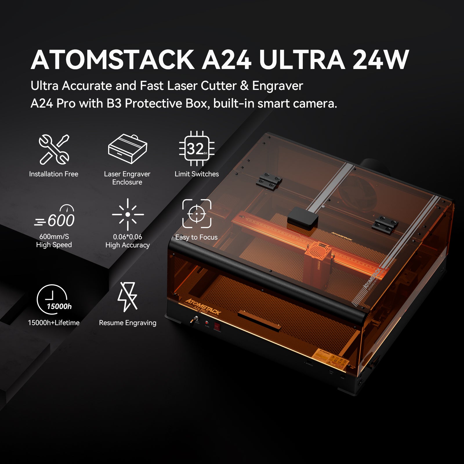 AtomStack A24 Pro Optical Power 24W Unibody-Rahmen-Lasergravierer 