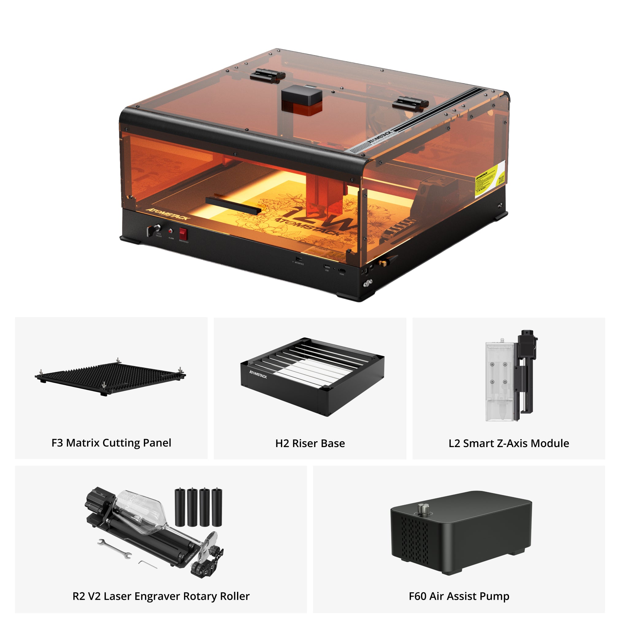 Grabador láser de marco unibody AtomStack A12 de potencia ultraóptica de 24 W