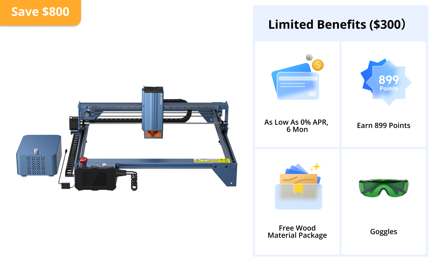 Machine laser AtomStack A40 Pro 210W équipée du kit d'assistance pneumatique F30 Pro 