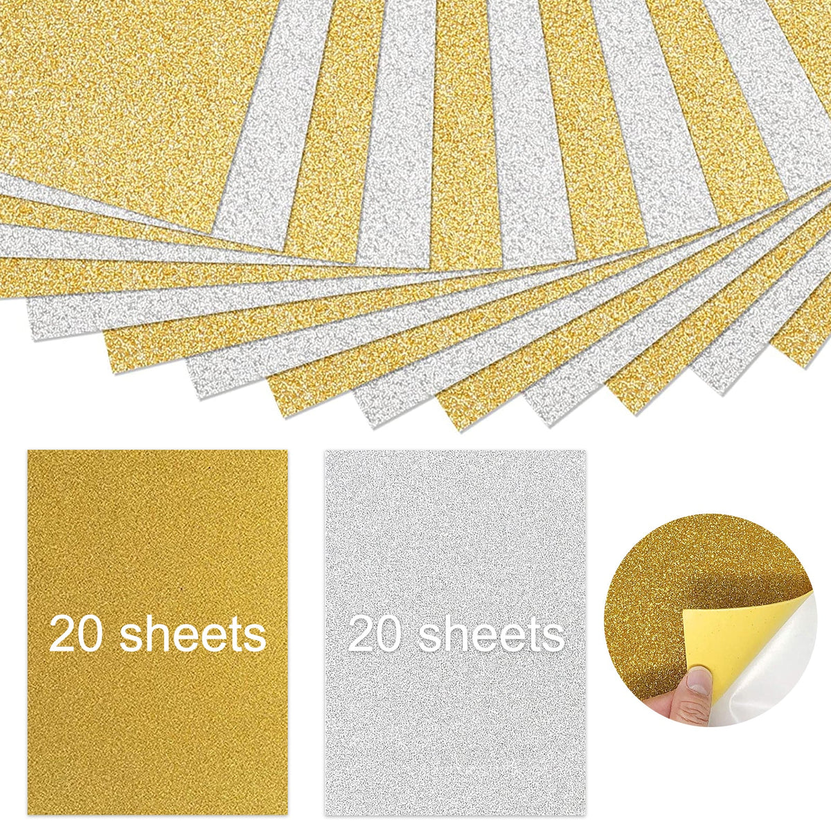 40 Blatt Gold- und Silber-Glitzer-Kartonpapier im A4-Format, selbstklebend, für Heimwerkerarbeiten