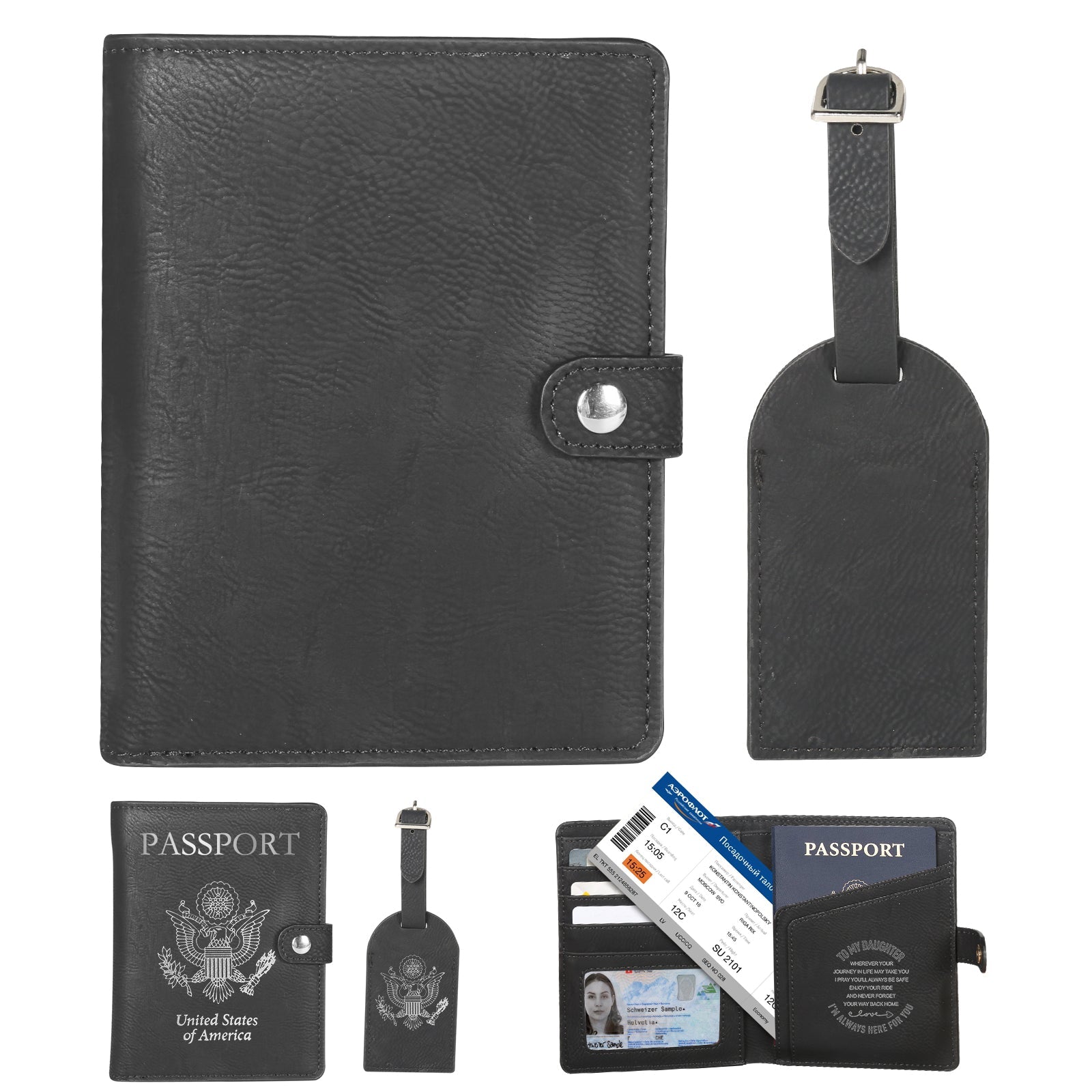 Personalized Leather Passport Holder Travel Wallet and Luggage Tag Set for DIY Laser Engraving