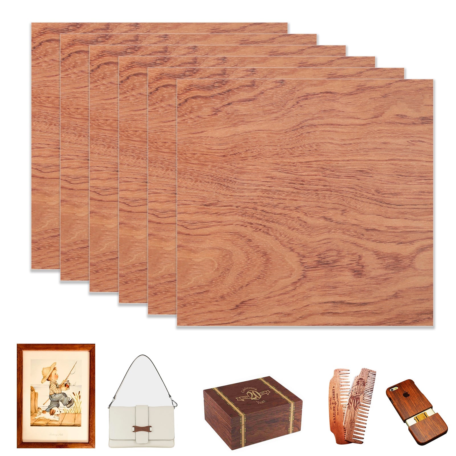 6 Stück Bubinga-Sperrholz aus brasilianischem Palisander, 12 x 12, unbehandeltes Holz zum Basteln, Lasergravieren