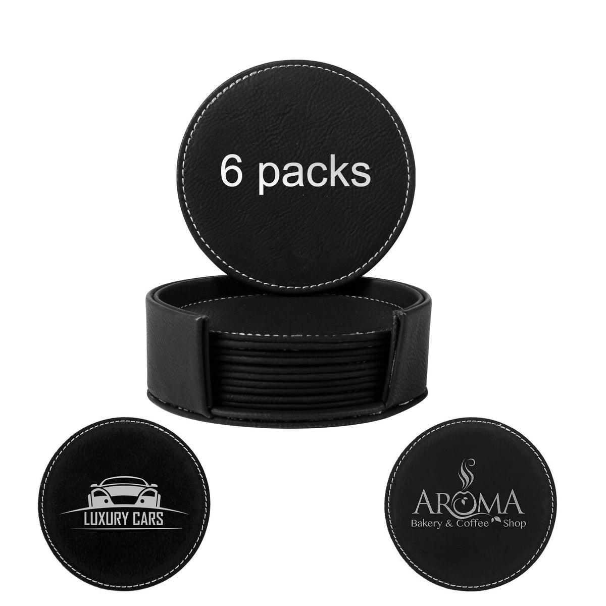 6PCS 3.94 inch Personalized Custom Leather Coaster Round Drink Coasters with Holder