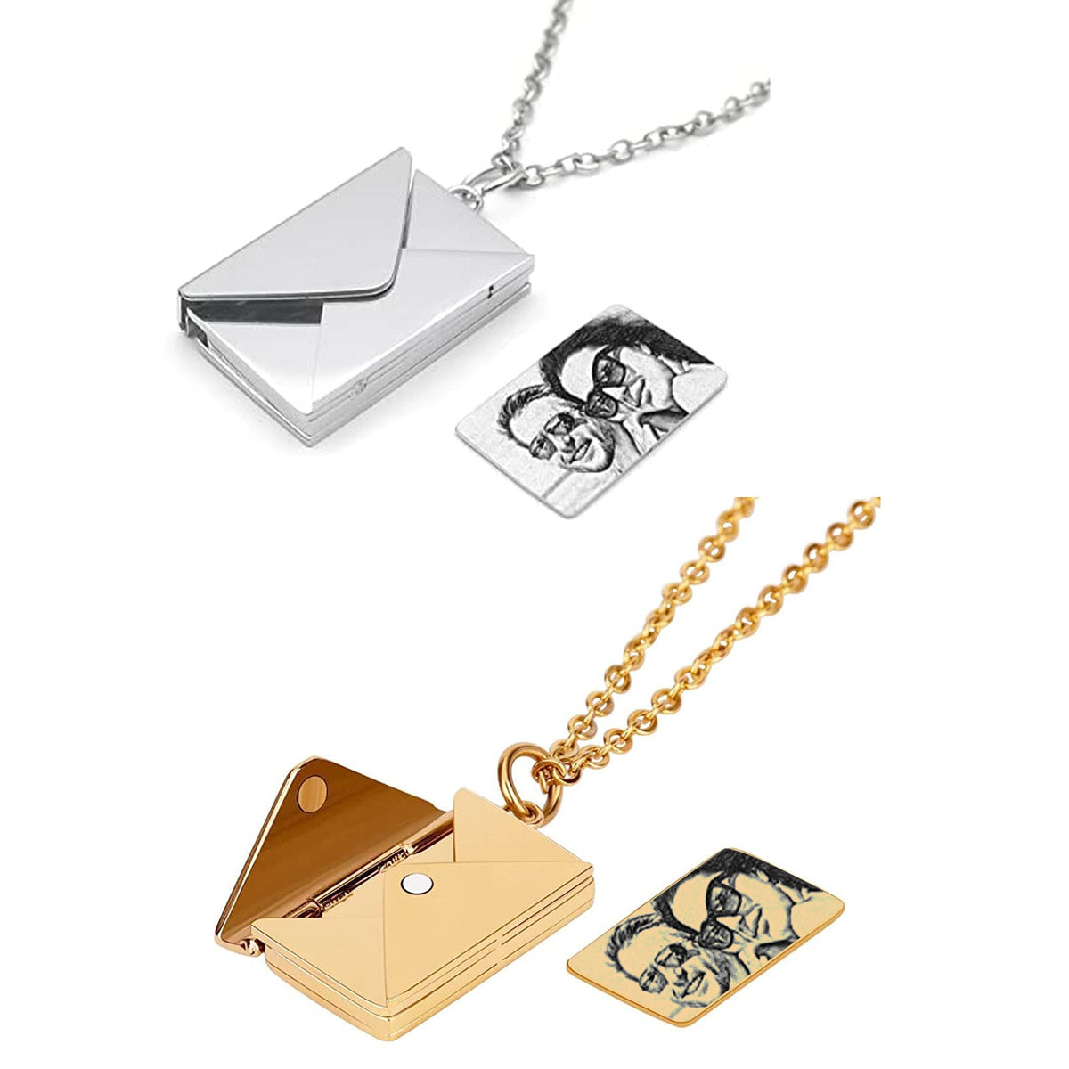 2 Stück Umschlag-Liebesbrief-Halskette für Damen und Herren, Edelstahl, graviertes Medaillon-Anhänger-Geschenk