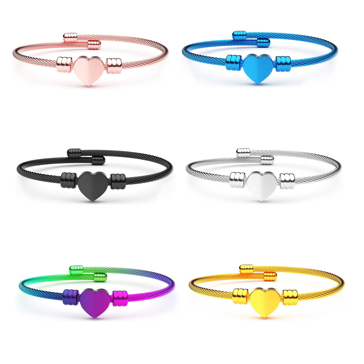 6 Stück mehrfarbiges herzförmiges Stahldrahtseil aus Edelstahl, verstellbares Armband für Frauen und Mädchen
