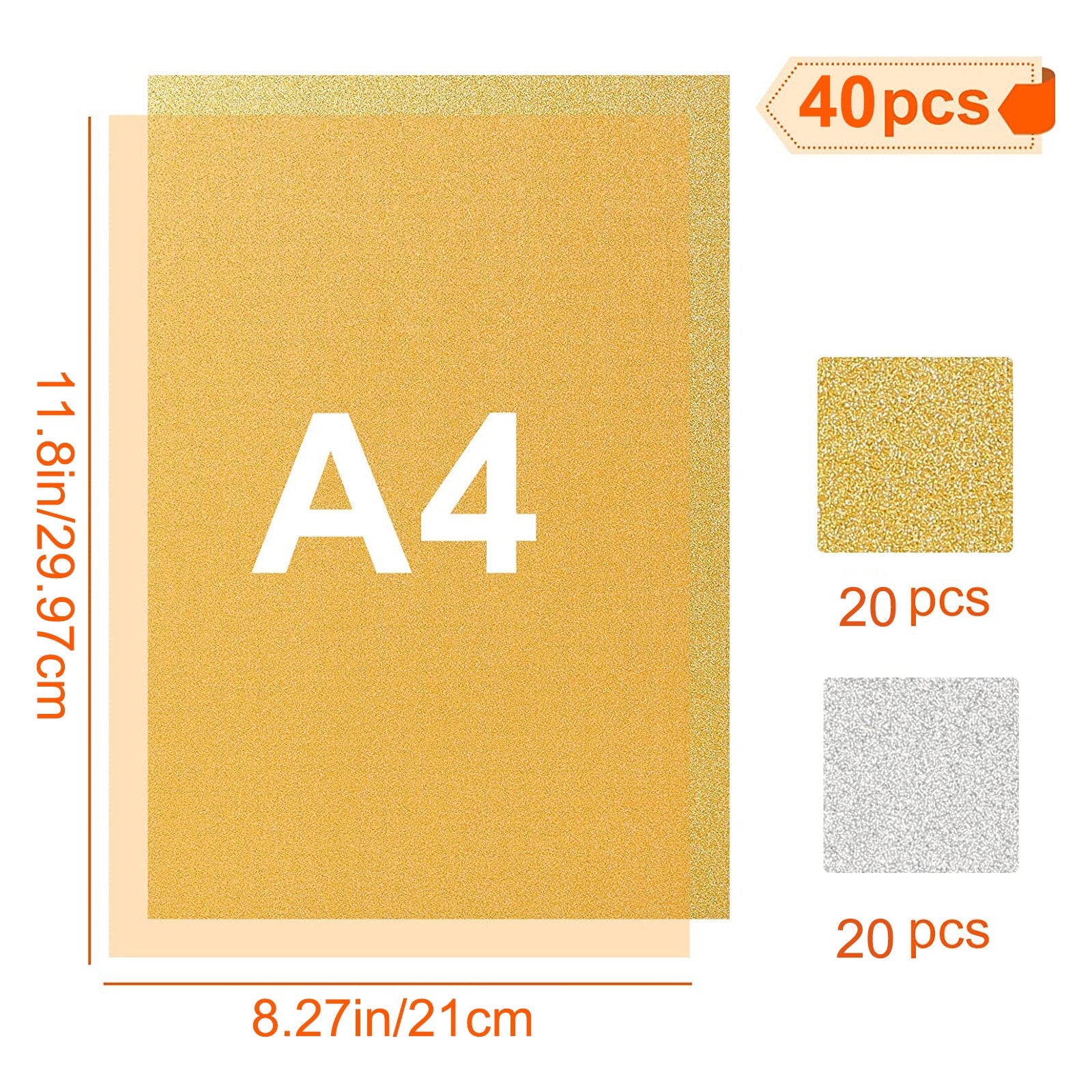 40 Sheets Gold Silver Glitter Cardstock Paper A4 Self Adhesive Glitter Paper 250 GSM for Crafts